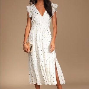 Lulus, “Cause To Celebrate” White Tired Midi with gold flecks, L.